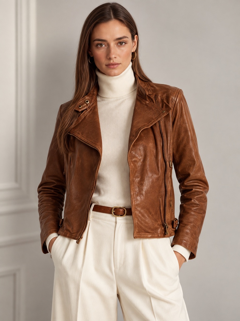 Lauren Ralph Lauren Burnished Leather Moto Jacket Size 16 NWT
